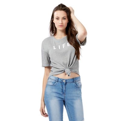 Red Herring Grey knotted hem 'life' print top